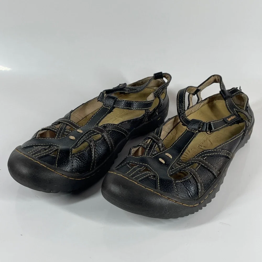 Sz 8.5 Jambu All-Terra Black Leather Sport Sandals Womens Cut Out Outdoors